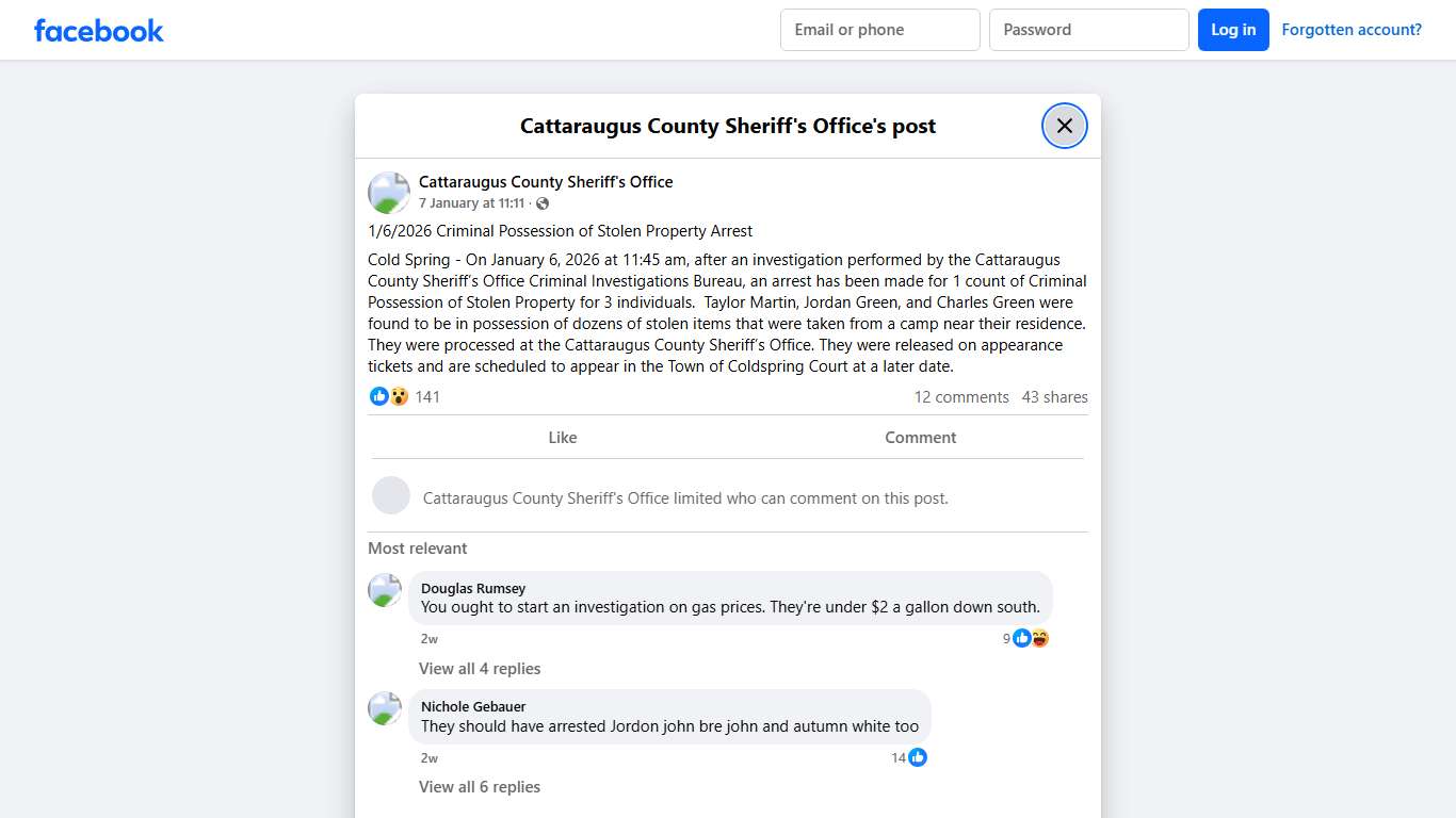 1/6/2026 Criminal... - Cattaraugus County Sheriff's Office Facebook